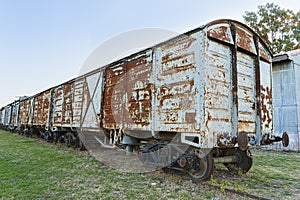 rusted and abandoned train carriages.