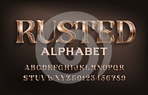 Rusted alphabet font. Ancient scratched metal letters and numbers.