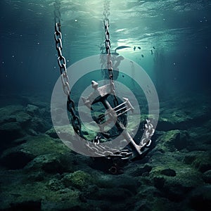 A rusted anchor and chain dragging along the ocean floor.