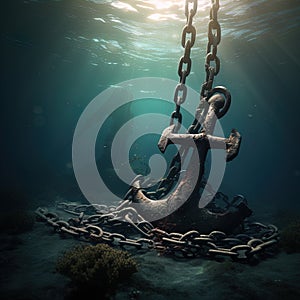A rusted anchor and chain dragging along the ocean floor.