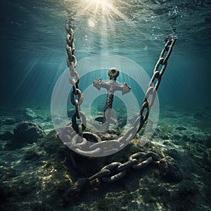 A rusted anchor and chain dragging along the ocean floor.