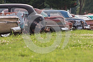 Rusted Antique Cars Sit In A Georgia Auto Junkyard