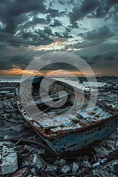 Rusted boat on stormy seascape, symbolizing neglect or journey's end. Bankruptcy concept, failure, insolvency photo