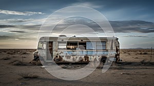 Rusted Bus In Rural Desert: Domesticity Amidst Contained Chaos