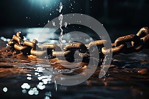 Rusted Chain of Danger: Abstract Metallic Symbol in Murky Waters photo