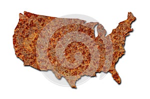 Rusted corroded metal map of US on white