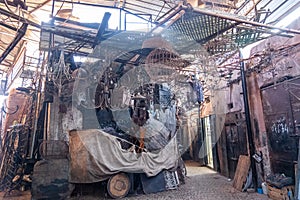 Rusted iron pieces for sale in a market in a souk in the Medina around the Jemaa el-Fnaa square in Marrakesh Morocco