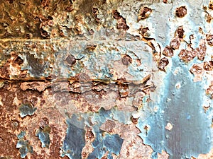 Rusted metal plate and paint closeup.