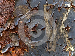 Rusted metal signboard with peeling paint and illegible inscription, close-up, macro