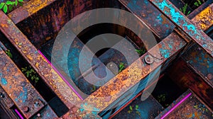 Rusted Metal Structure with Neon Highlights photo