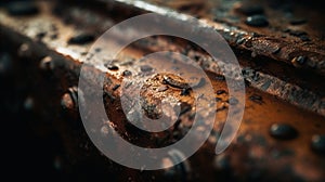 a rusted metal surface with small holes and drops of water on it, with a black background and a black background with a small