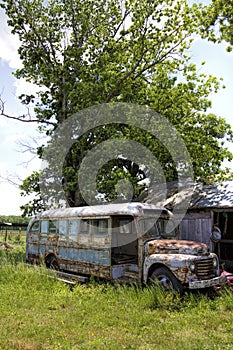 Rusted Old Blue Abandoned School Bus