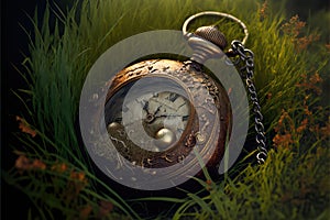 A rusted old pocket watch, its chain tangled and broken, lying forgotten in the grass, Generative AI