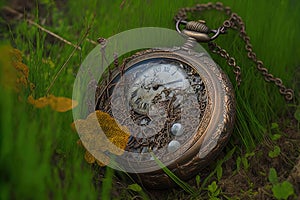 A rusted old pocket watch, its chain tangled and broken, lying forgotten in the grass, Generative AI