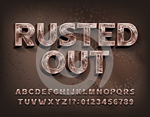 Rusted Out alphabet font. Scratched metal letters and numbers.