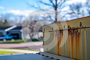 Rusted and peeling paint on an electrical transformer exposed to the elements.