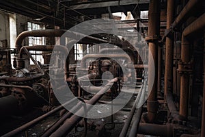 rusted pipes and machinery left behind in abandoned factory