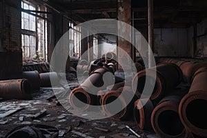 rusted pipes and machinery left behind in abandoned factory