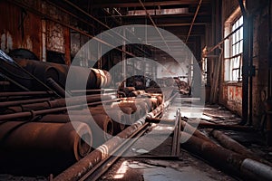 rusted pipes and machinery left behind in abandoned factory