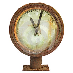Rusted railway station clock isolated on white