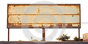 A rusted sign sitting on the side of a road. This image can be used to depict abandoned locations or the passage of time