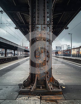 Rusted Steel Support Column on a Train Platform