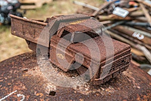 Rusted toy dump truck closeup