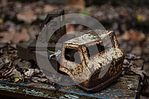 Rusted toy truck in the kindergarten at the abandoned village Kopachi near Chernobyl