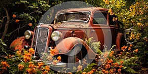 Rusted, vintage car overtaken by nature, with vines and flowers growing through its open windows and hood, concept of