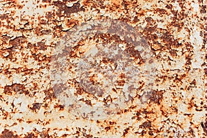 Rusted white painted metal wall. Rusty metal background with streaks of rust. Rust stains. The metal surface rusted