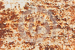 Rusted white painted metal wall. Rusty metal background with streaks of rust. Rust stains. The metal surface rusted