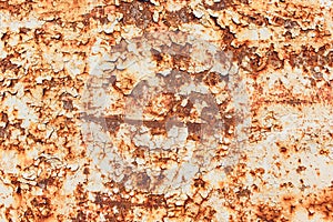 Rusted white painted metal wall. Rusty metal background with streaks of rust. Rust stains. The metal surface rusted