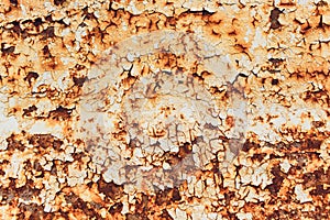 Rusted white painted metal wall. Rusty metal background with streaks of rust. Rust stains. The metal surface rusted