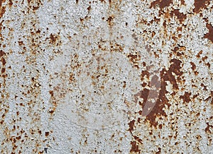 Rusted white painted metal wall. Rusty metal background with streaks of rust. Rust stains. The metal surface rusted spots