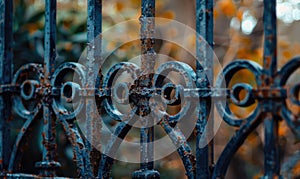 A rusted wrought iron gates in hues of deep charcoal and slate gray