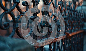 A rusted wrought iron gates in hues of deep charcoal and slate gray