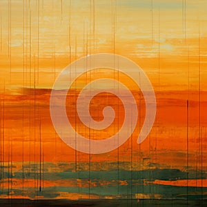Rustic Abstraction: Orange Sunset Painting With Panoramic Scale And Dripping Technique photo