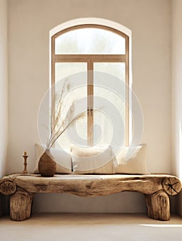 Rustic aged wood log bench near beige stucco wall. Boho interior design of modern living room with arched window