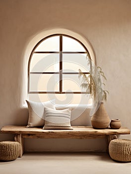 Rustic aged wood log bench near beige stucco wall. Boho interior design of modern living room with arched window