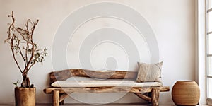 Rustic aged wood log bench near stucco empty wall with copy space. Boho interior design of modern living room