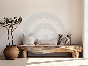 Rustic aged wood log bench near stucco empty wall with copy space. Boho interior design of modern living room