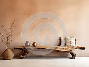 Rustic aged wood log bench near stucco empty wall with copy space. Boho interior design of modern living room