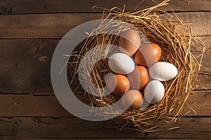 Rustic allure Chicken eggs nestled in a wooden nest background