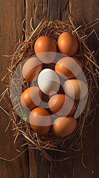 Rustic allure Chicken eggs nestled in a wooden nest background