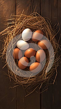 Rustic allure Chicken eggs nestled in a wooden nest background