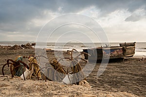 Rustic anchors on a beach in Barranquilla. Colombia.