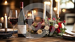 A rustic anniversary dinner setup with candles, wine, and fresh