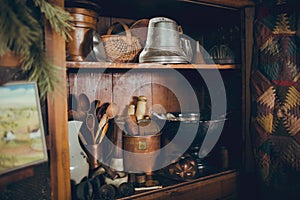 Rustic Antique Kitchen Cabinet With Kitchen Utensils