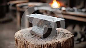 Rustic anvil in a blacksmith workshop with a glowing forge.