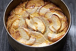 rustic apple cake in baking tin
